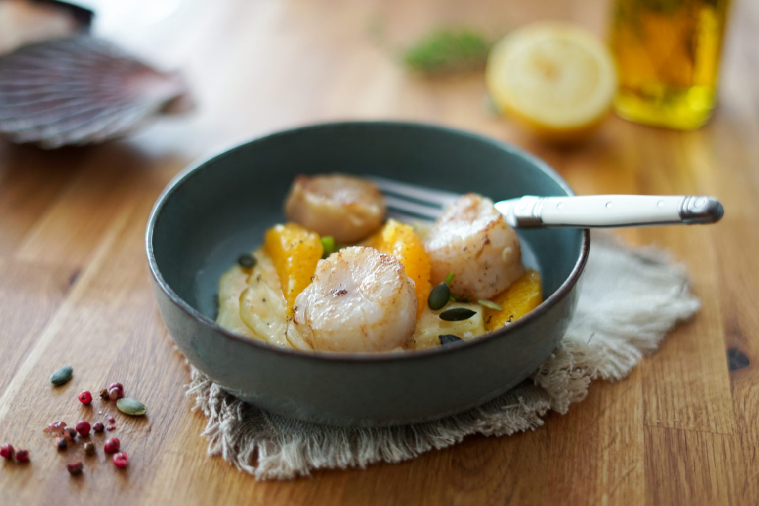 Saint Jacques snackées et sa purée de panais Les Pépites de Noisette